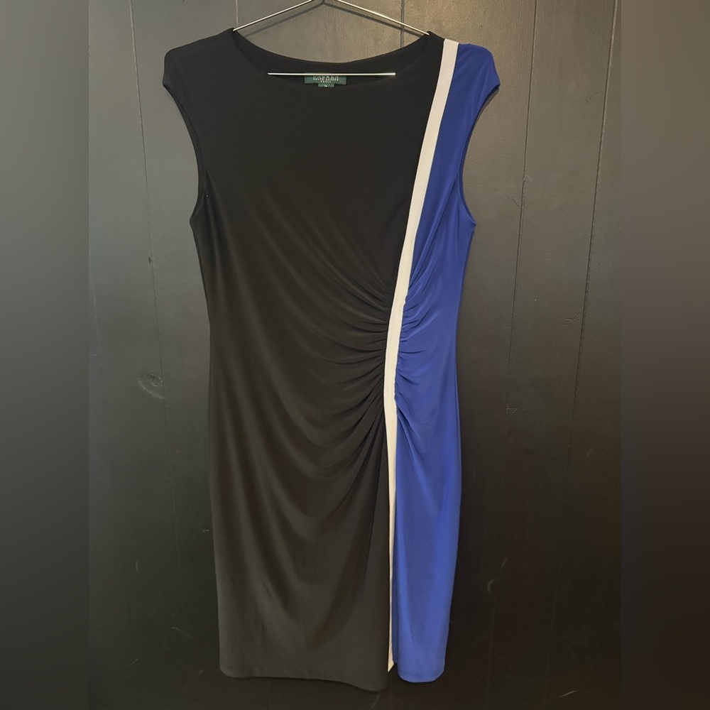 Ralph Lauren Black, Royal Blue and White Sleeveless Ruched Side-Panel Midi Dress